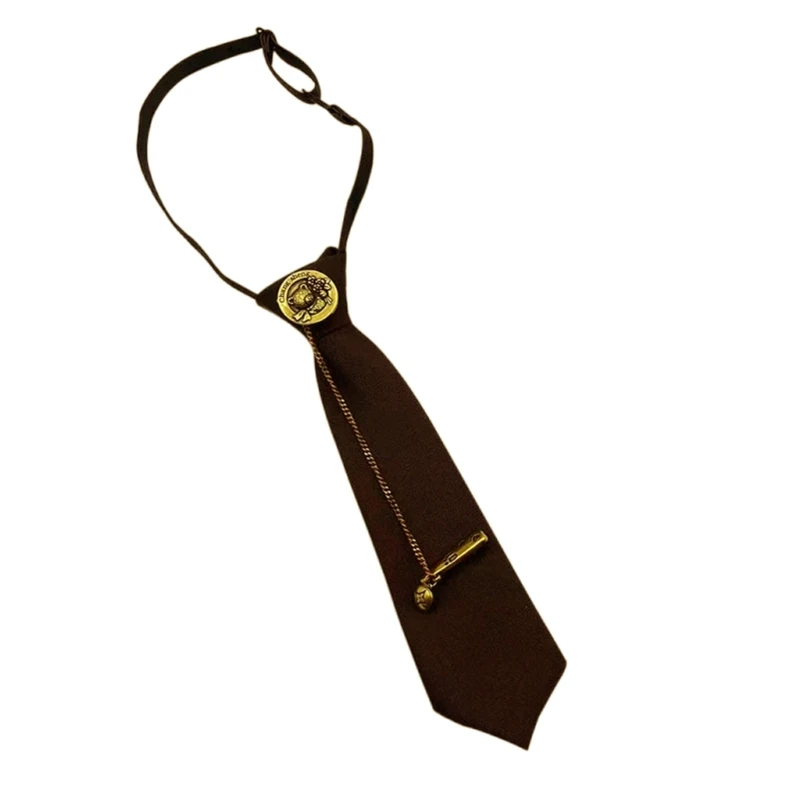 Unisex Japanese Student Uniform Adjustable Pre Tied Necktie Vintage Preppy Metal Bear Brooch and Chain Neck Tie Dropship