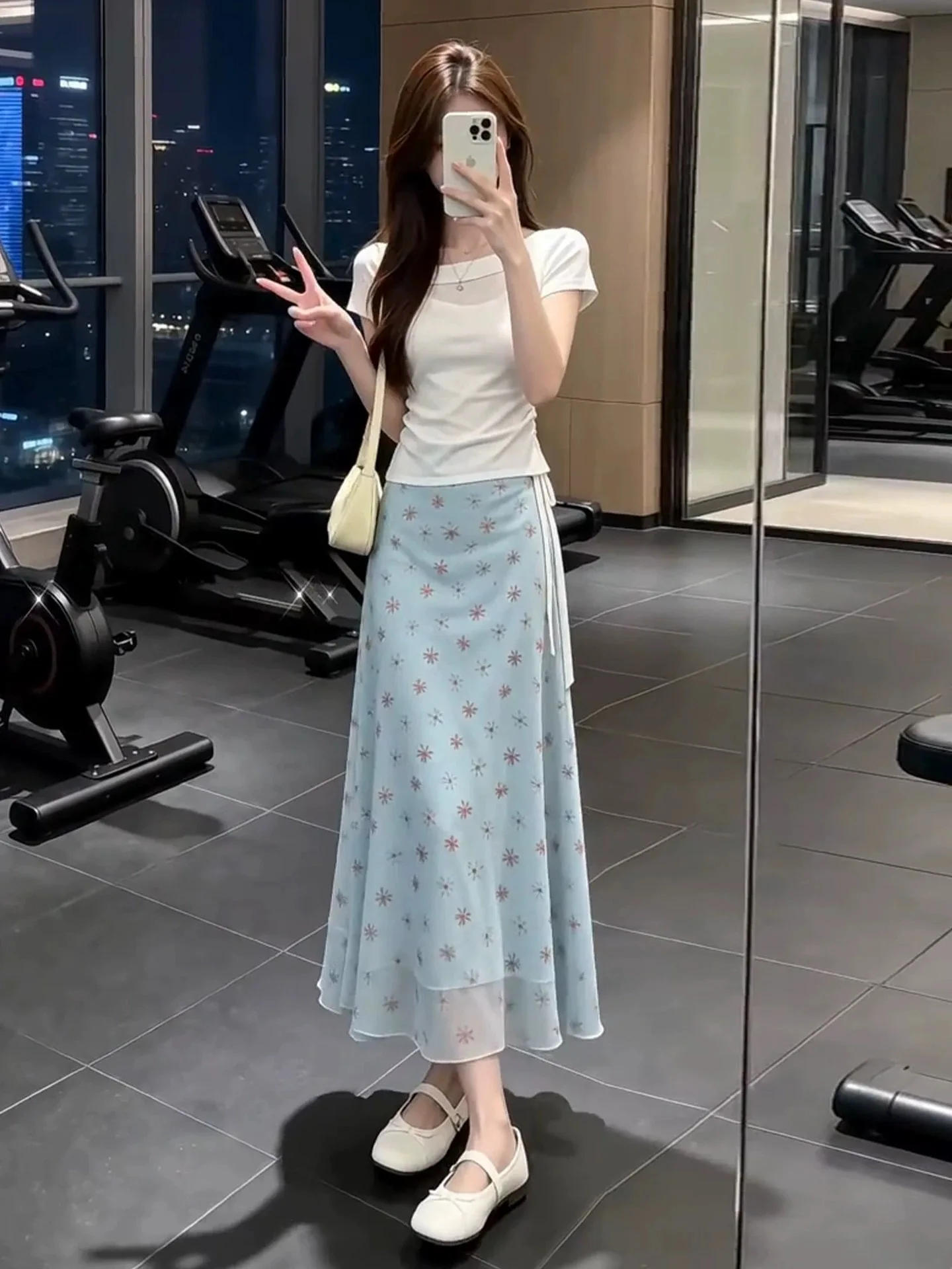 Blue Floral Print Slim Fit A-Line Midi Skirt Women's Summer Fashion Sweet Style Complete Set T-Shirt Casual Breathable Elegant