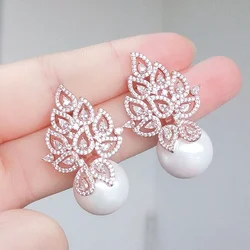 RAKOL Luxury Imitation Pearl Earrings for Women Geometric White Zircon Flower Stud Earring Wedding Party Jewelry Gifts 2023 New