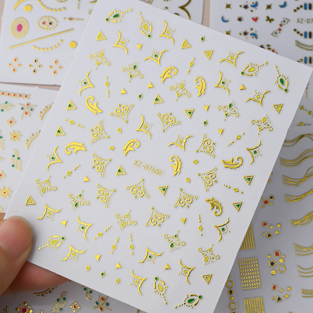 1/12PCS 3D 럭셔리 골드 네일 스티커 빈티지 꽃 잎 리본 셀프 접착 네일 슬라이더 장식 Y2K 매니큐어 액세서리