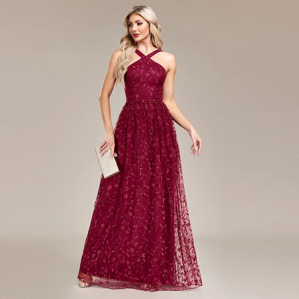 Women Burgundy Long Evening Dress Floral Embroidery Tulle Ball Gown Elegant Criss-Cross Backless Prom Dress Fit Party Wedding