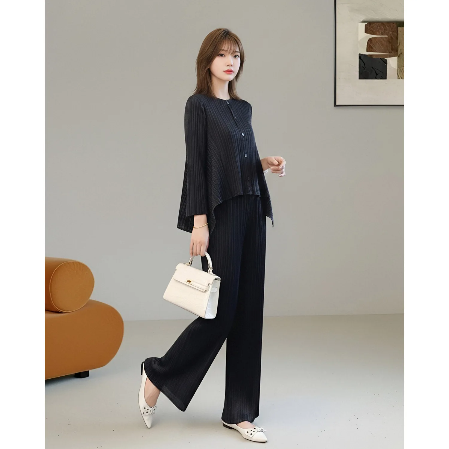 Miyake Pleated 2‑Piece Outfit Women Round Neck Irregular Hem Button Cardigan Wide Leg Pants Long‑Sleeve Elegant Casual Suit Set view 3