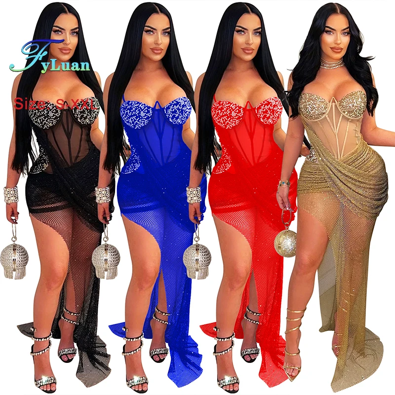 Hermosas faldas irregulares sexis de malla transparente para mujer con hombros descubiertos y espalda descubierta decoración de encaje con cuentas vestido femenino ropa de fiesta de noche