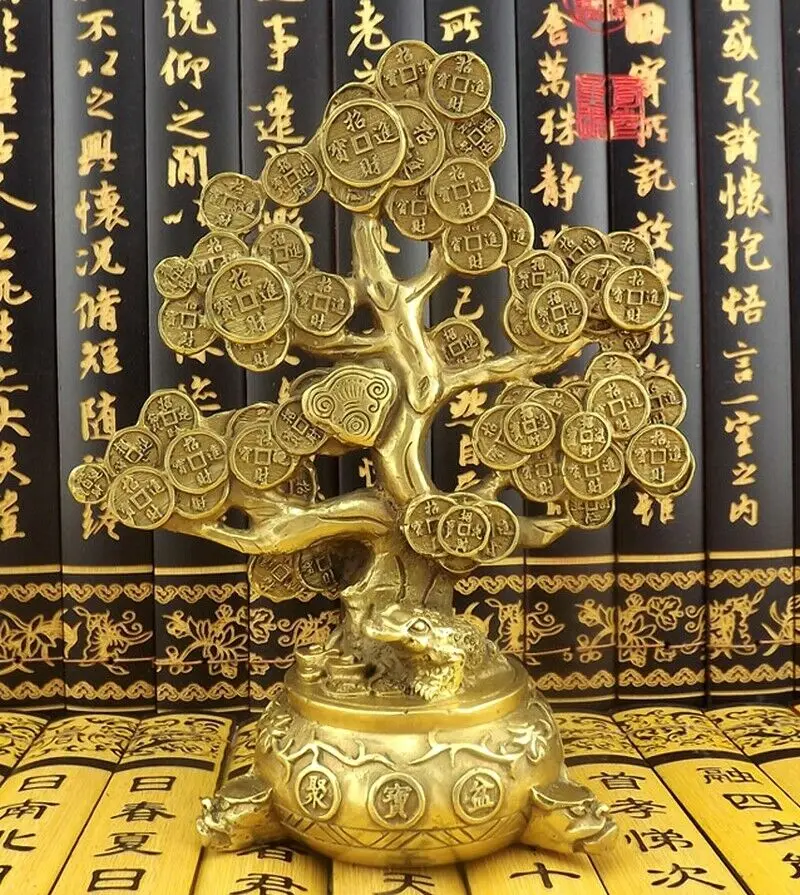 

Chinese Brass 19CM Coin Tree Statue Feng Shui Wealth Money Toad Figures Decor