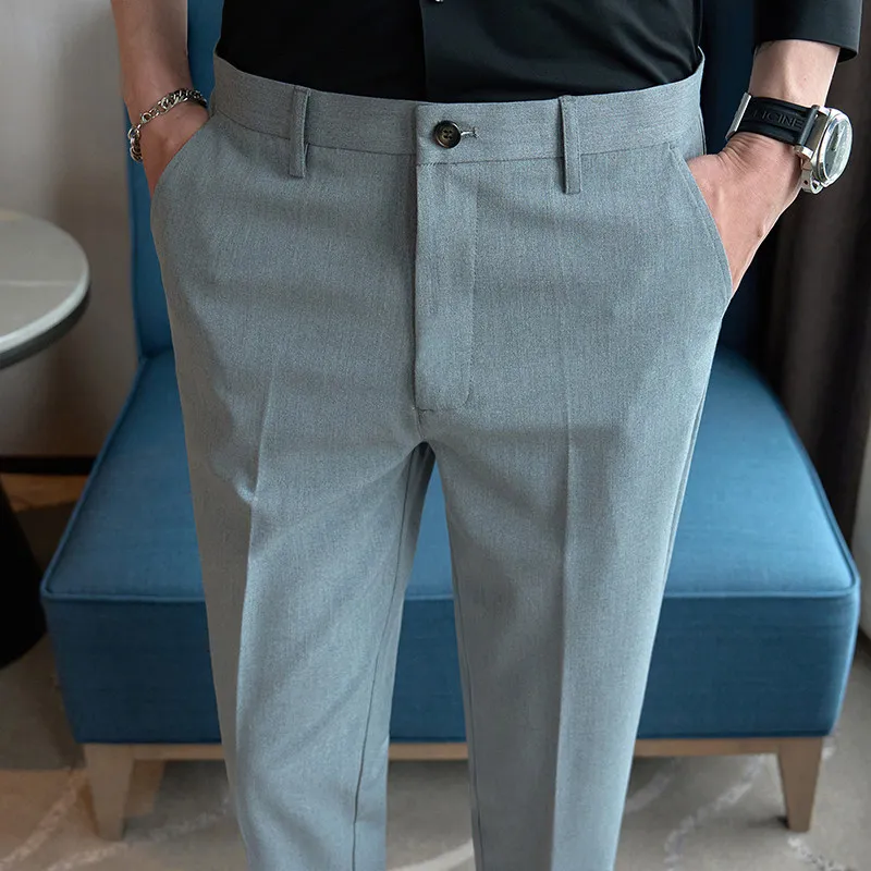Men's Solid Color Simple West Pants Spring Anti-Pilling Non-Fading Casual 9-Length Commute Work Trousers for Daily Use