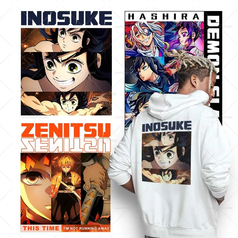 Fashion Anime Zenitsu Patches Iron On Heat Transfers For Clothes Demon Slayer Sanemi Thermal Transfers Stickers On T-shirt Bags
