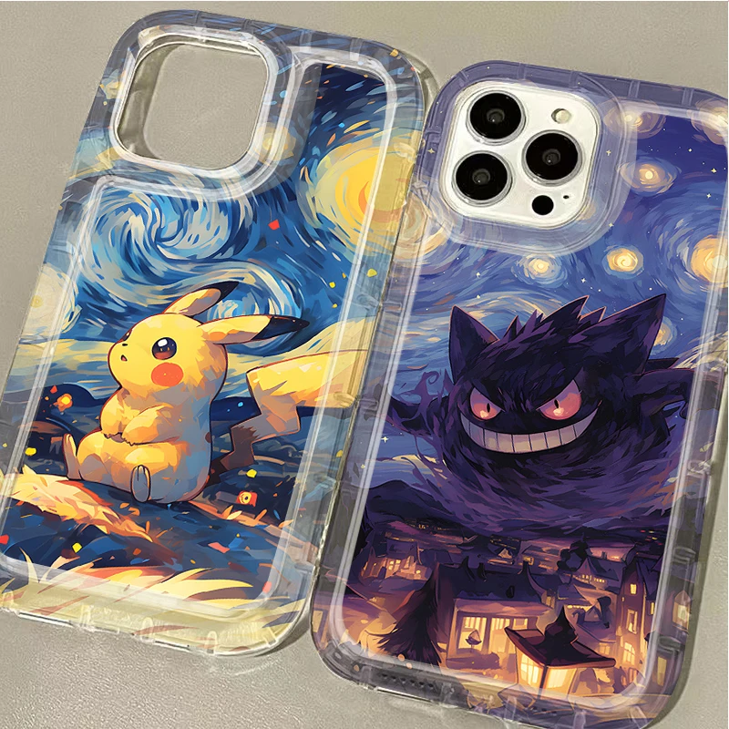 Oil Painting P-Pokemons Phone Case for IPhone 16 15 14 13 12 11 Pro Max 7 8 Plus X XR XSMax Airbag Anti Fall Clear Back Cover