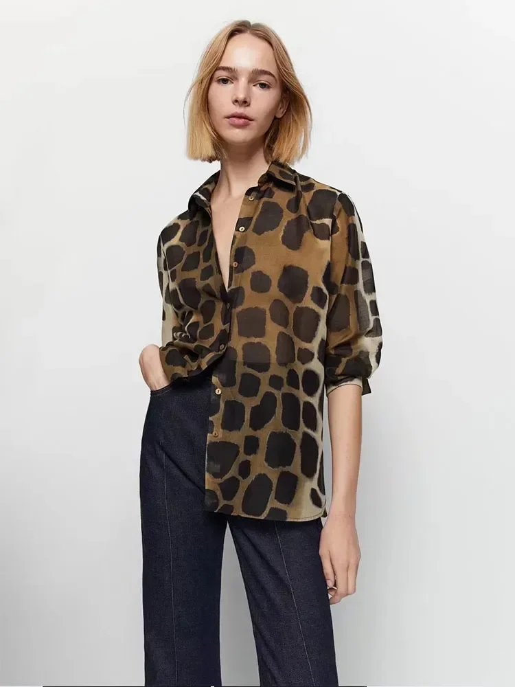 

Women New Fashion Summer Animal-Print Shirt Vintage Long Sleeve Button-Up All-Match Casual Female Shirts Chic Tops