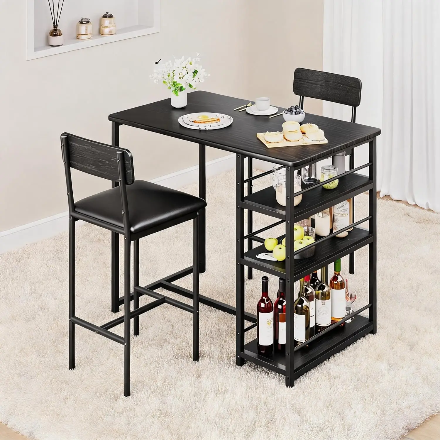 Essgruppe 1 Esstisch & 2 Stühle, für 2 Personen, Bartisch mit 2 Barhockern, Esstisch mit 3 Seitenregalen, platzsparender Küchentisch und gepolsterte Stühle für Küche & Restaurant – Schwarz