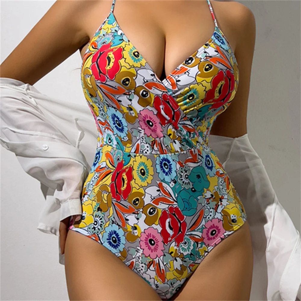 

Сексуальное бикини на бретельках с цветочным принтом Y2K Extreme String Монокини с открытой спиной Купальник с пуш-ап для отпуска Женский пляжный наряд Купальный костюм