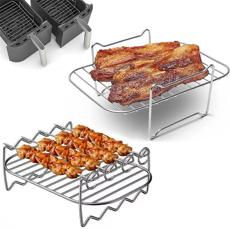 Air Fryer Zubehör Doppelschicht Grill Spieß Rack Edelstahl Dampfenden Racks Braten Rack Backform BBQ Gril Kochen