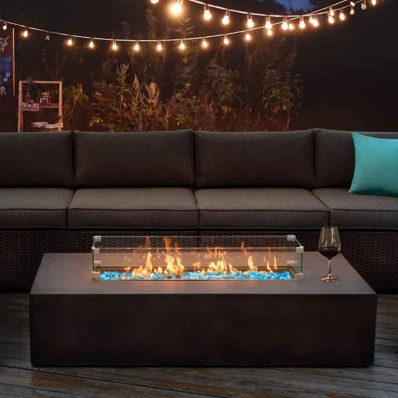 Outdoor Propane Fire Pit Table, 56-inch x 28-inch Rectangle Bronze Compact Concrete-Like Finish, 50,000 BTU Stainless Steel