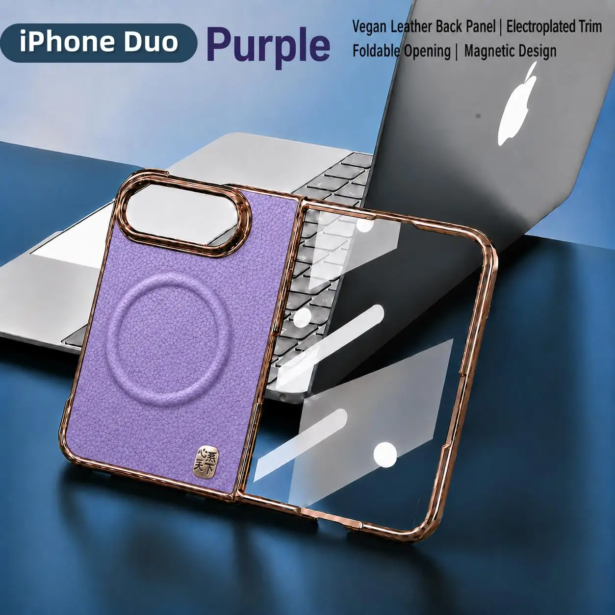 Luxury Litchi Leather Magnetic Phone Case for Apple iPhone Duo Foldable Phone Electroplated Rose Gold Frame Business Cover Funda