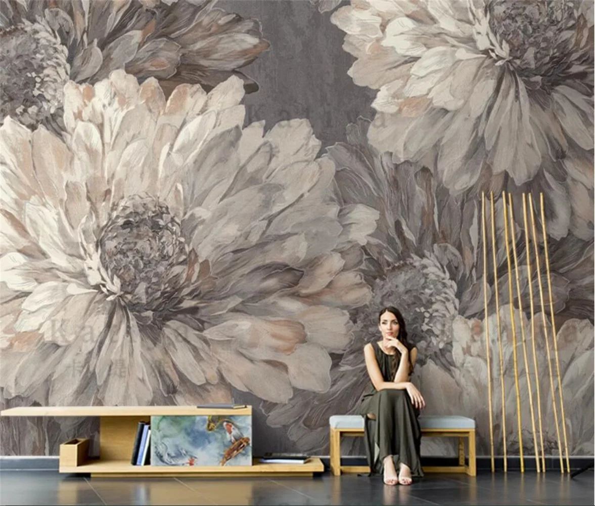 

American retro big flower TV background wall hand-painted art 3d wallpaper customized mural living room bedroom