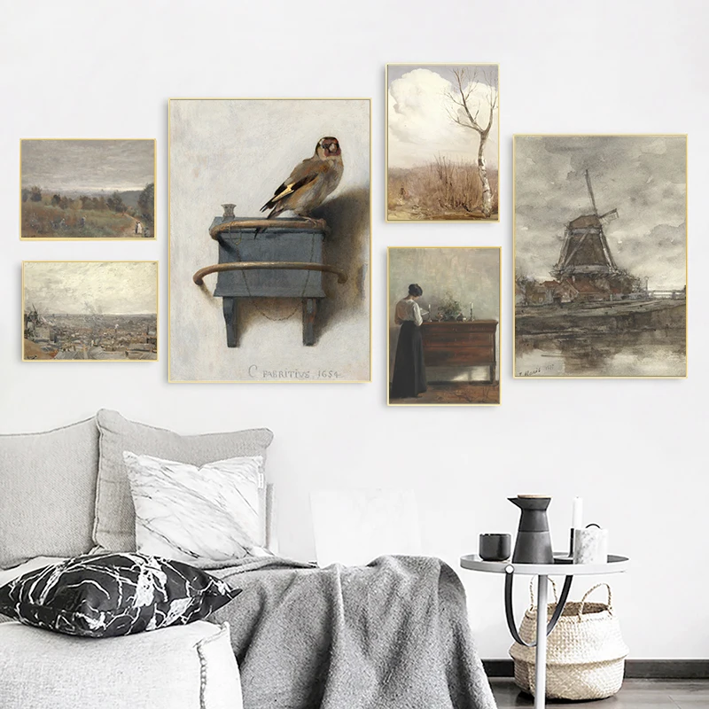 （2D Canvas painting） Dark Moody Gallery Wall Art Prints Muted Landscape Oil Painting Canvas Poster Vintage European Scenery P
