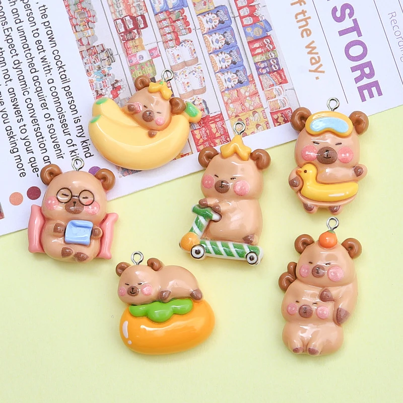 10Pcs Kawaii Cartoon Capybara Resin Charms Glossy Flatback Animal Earring Keychain Pendant for DIY Jewelry Make Crafts Accessory