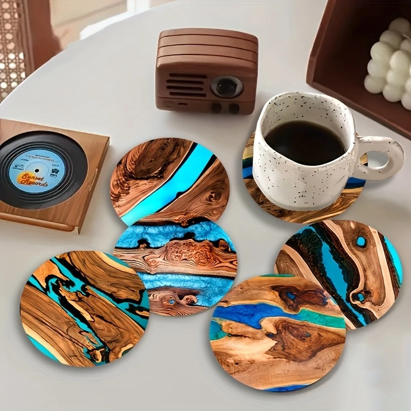 2D Blue-Green Patterned Wooden Coaster Round Coasters Anti-Scald Anti-Slip Properties for Home Use Tabletop Coffee Shop Decor