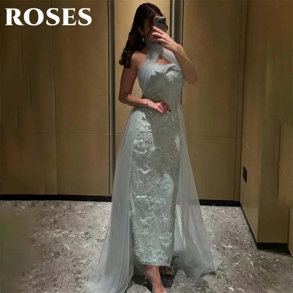 

ROSES зеленое многослойное платье для выпускного вечера с лямкой на шее, вечерние платья со складками, тюлевое вечернее платье без рукавов для женщин по индивидуальному заказу