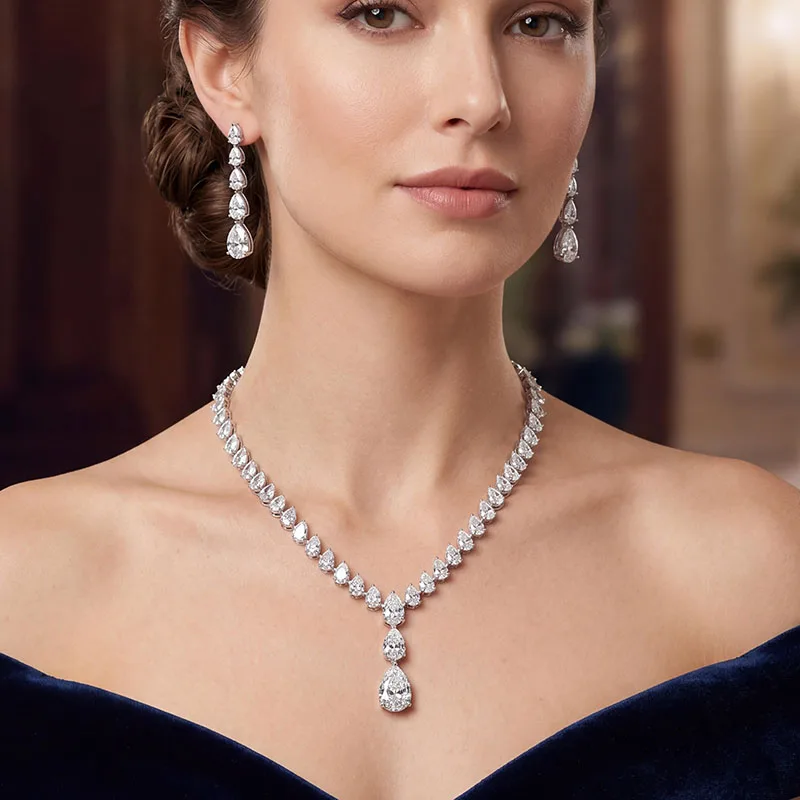 Solid 14k White Gold Pear Cut Full Eternity EF VS-VVS Necklace(35ctw）& Earring（9.2ctw）Lab Grown Diamond Matching  Setting IGI