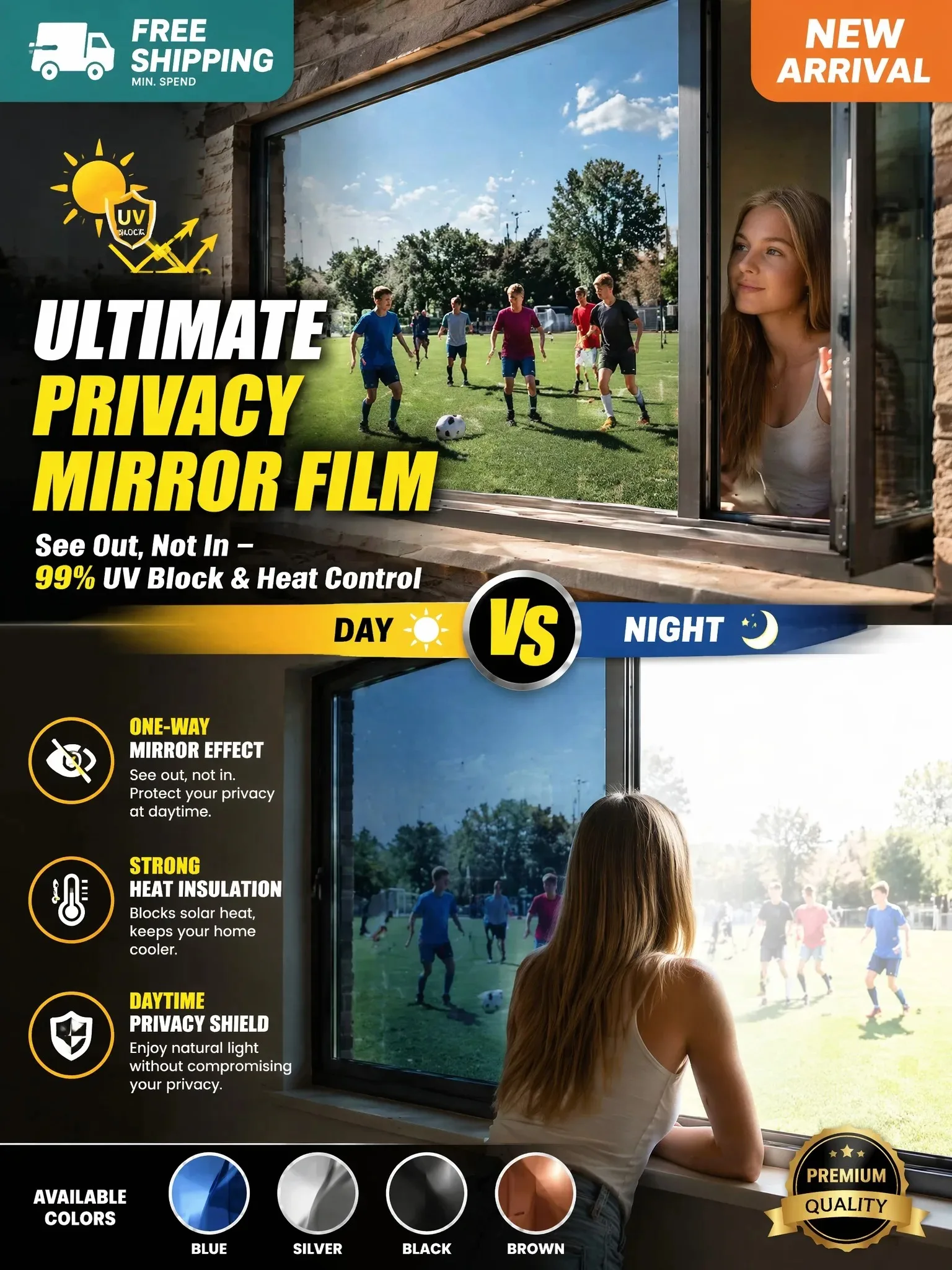 Daytime One Way Privacy Window Film Heat Control UV Block Window Tint Multiple Sizes Self Adhesive for Home Office Glass Door