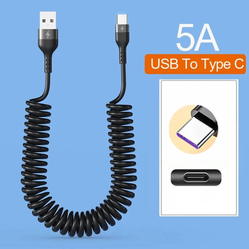 66W 5A USB Type C Spring Car Fast Charging Cable For Xiaomi Redmi Huawei Type C To Type C Data Cord For iPhone 15 Usb c Cable