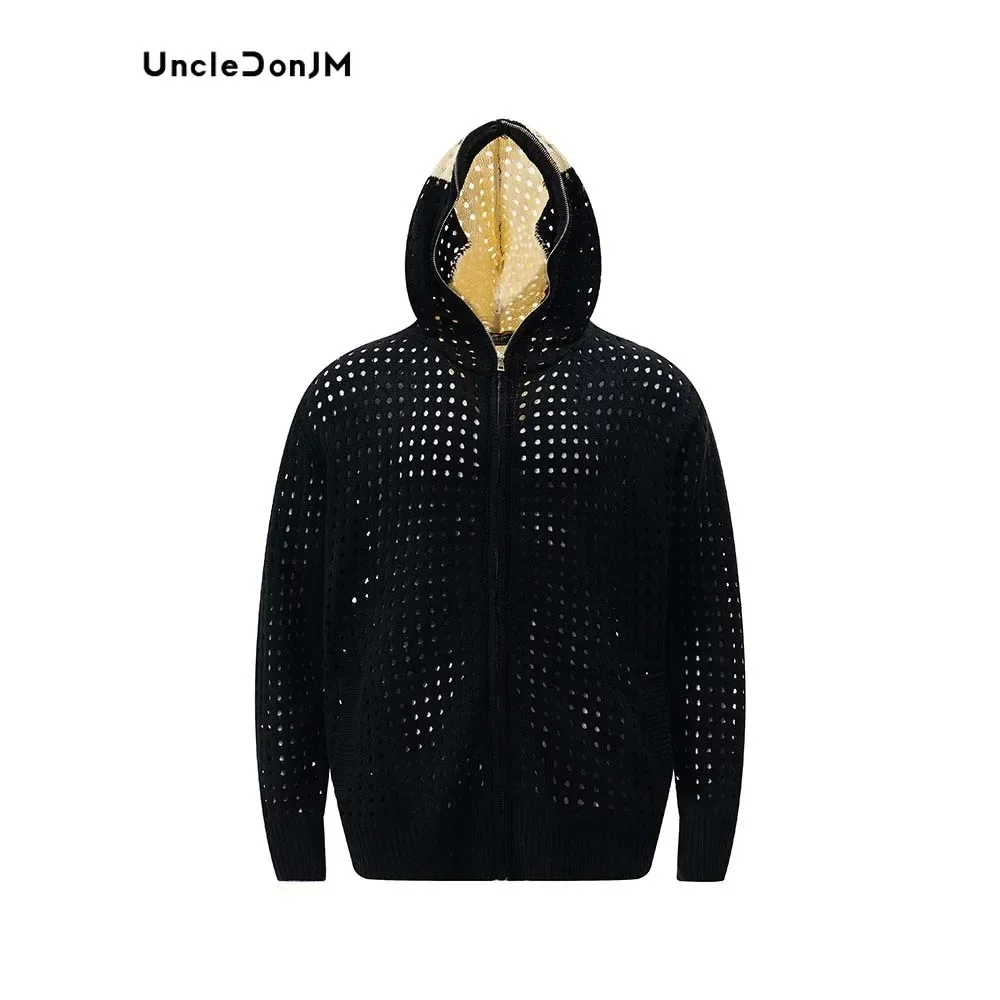 Mesh Hollow Hooded Knitted Sweater Hip Hop Cardigan Men