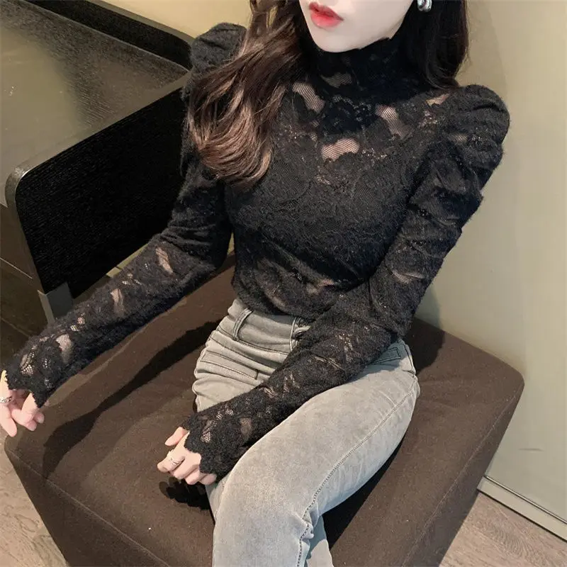 2023 Autumn Winter New Solid Color Fashion Blouse Women Turtleneck Elegant Long Sleeve Pullovers High Street Lace All-match Tops