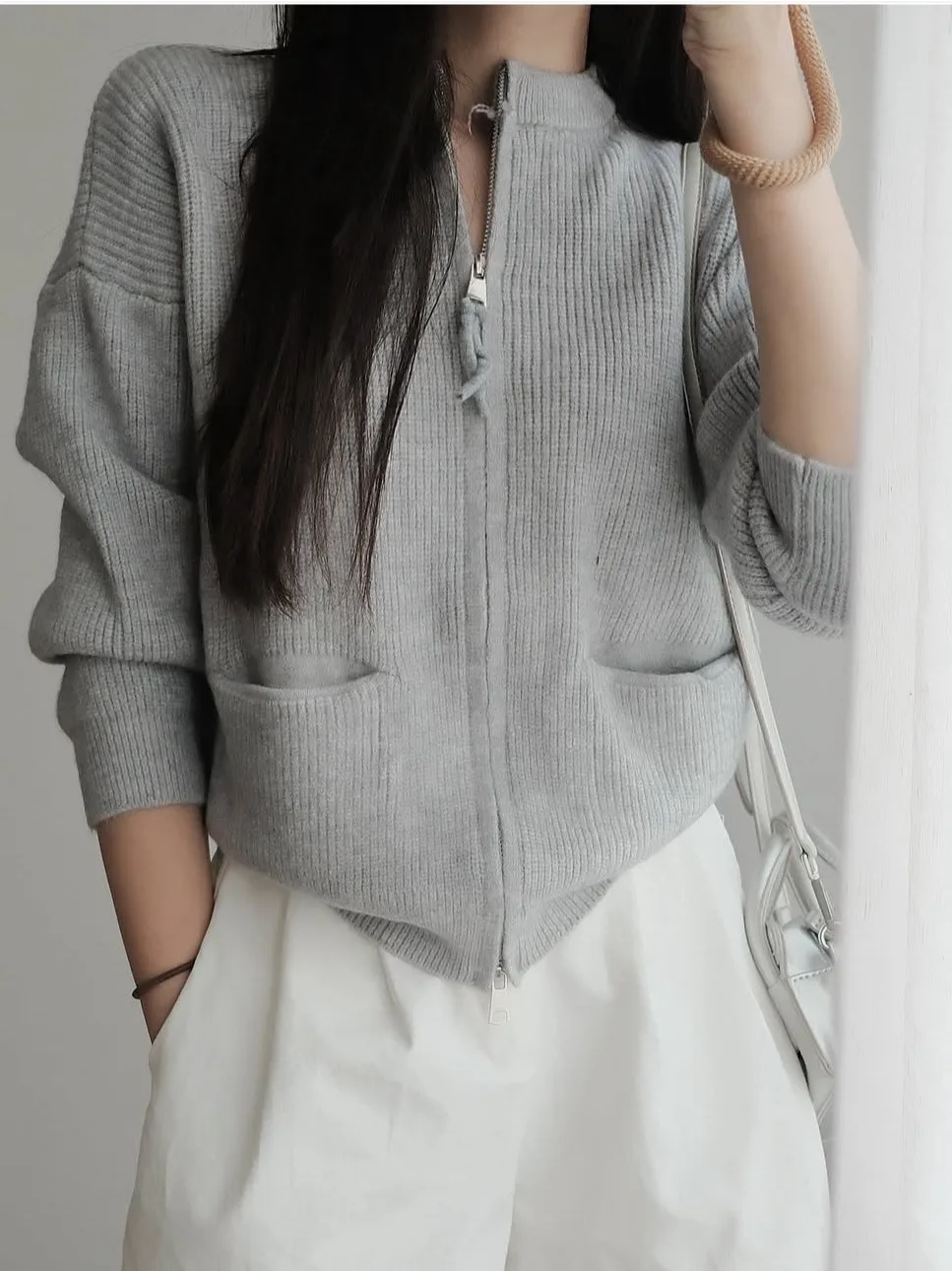 

Korean Sle Women's Loose Long Sve Knitted Zipper Cardigan Autumn Winter ket Design Versatile Sweater Outerwear Top