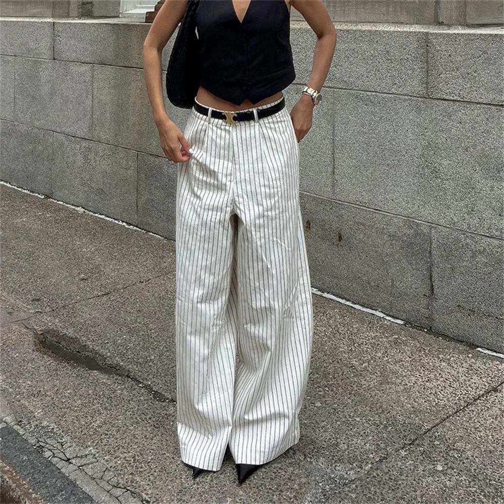

Fashion White Striped Long Pants for Women Vintage High Waist Wide Leg Loose Trousers with Pockets Lady Casual Streetwear
