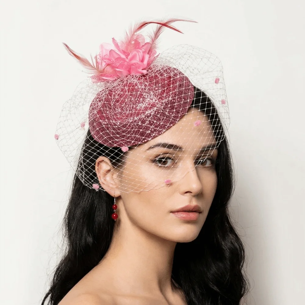 Vintage Solid Color Felt Fascinator Hat Mesh Wave Point Hair Clip Hat Handmade French Style Bridal Headdress Bridal