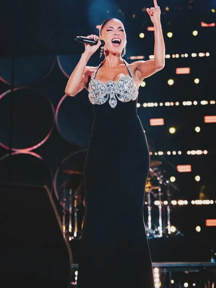 

2025 Women Sexy Beading Diamonds Backless Halter Black Maxi Long Bodycon Bandage Dress Elegant Evening Club Party Dress