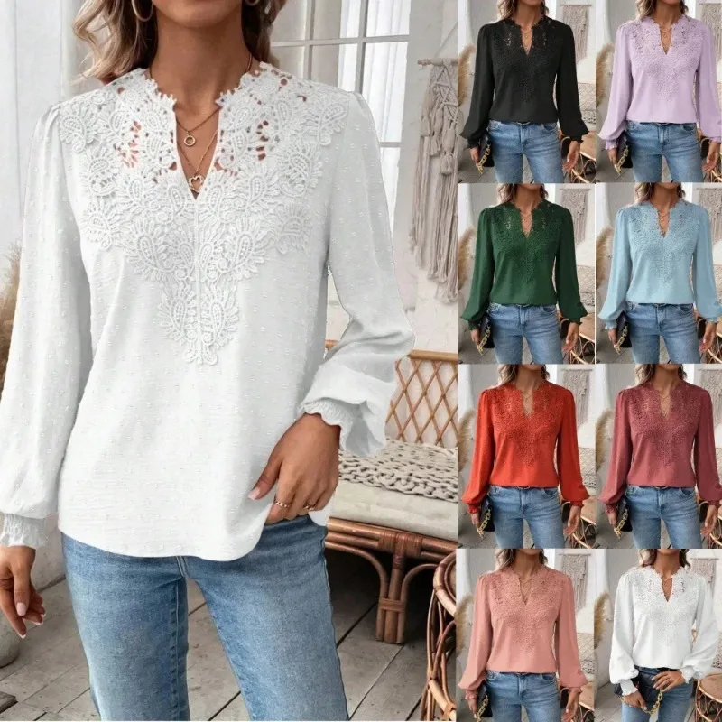 

Summer Women Sexy V Neck Long Lantern Sleeve Lace Crochet Patchwork Loose Blouse Shirt Tops