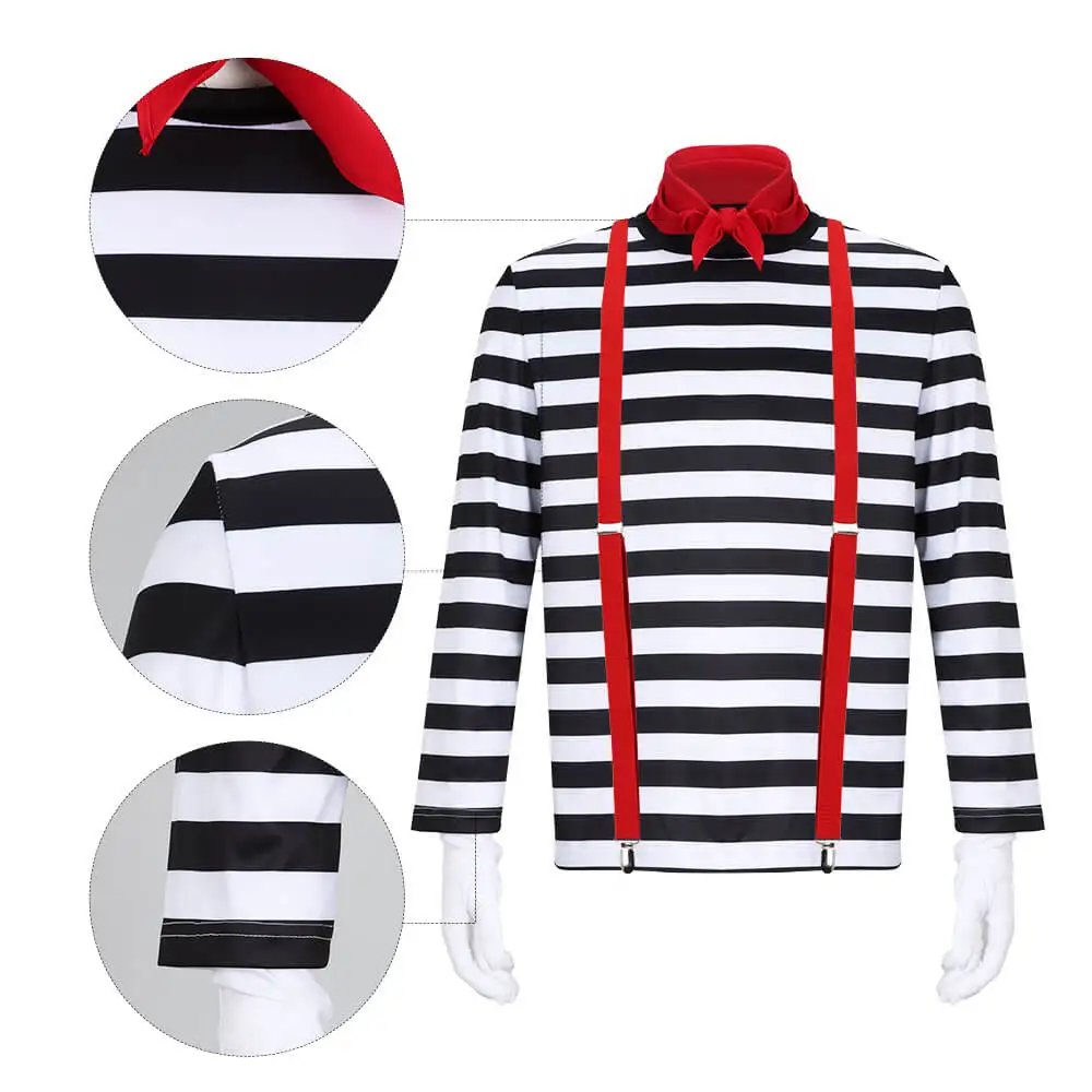 Costume da Mime francese da uomo Mime Artist Cosplay Shirt Silent Actor Clown Striped Halloween Theme Party outfit In Stock-Takerlama