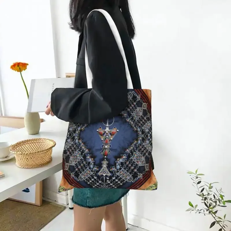 Kawaii Kabyle Jewelery Shopping Tote Bags Reusable Amazigh Algeria Dress Groceries Canvas Shoulder Shopper Bag image 5