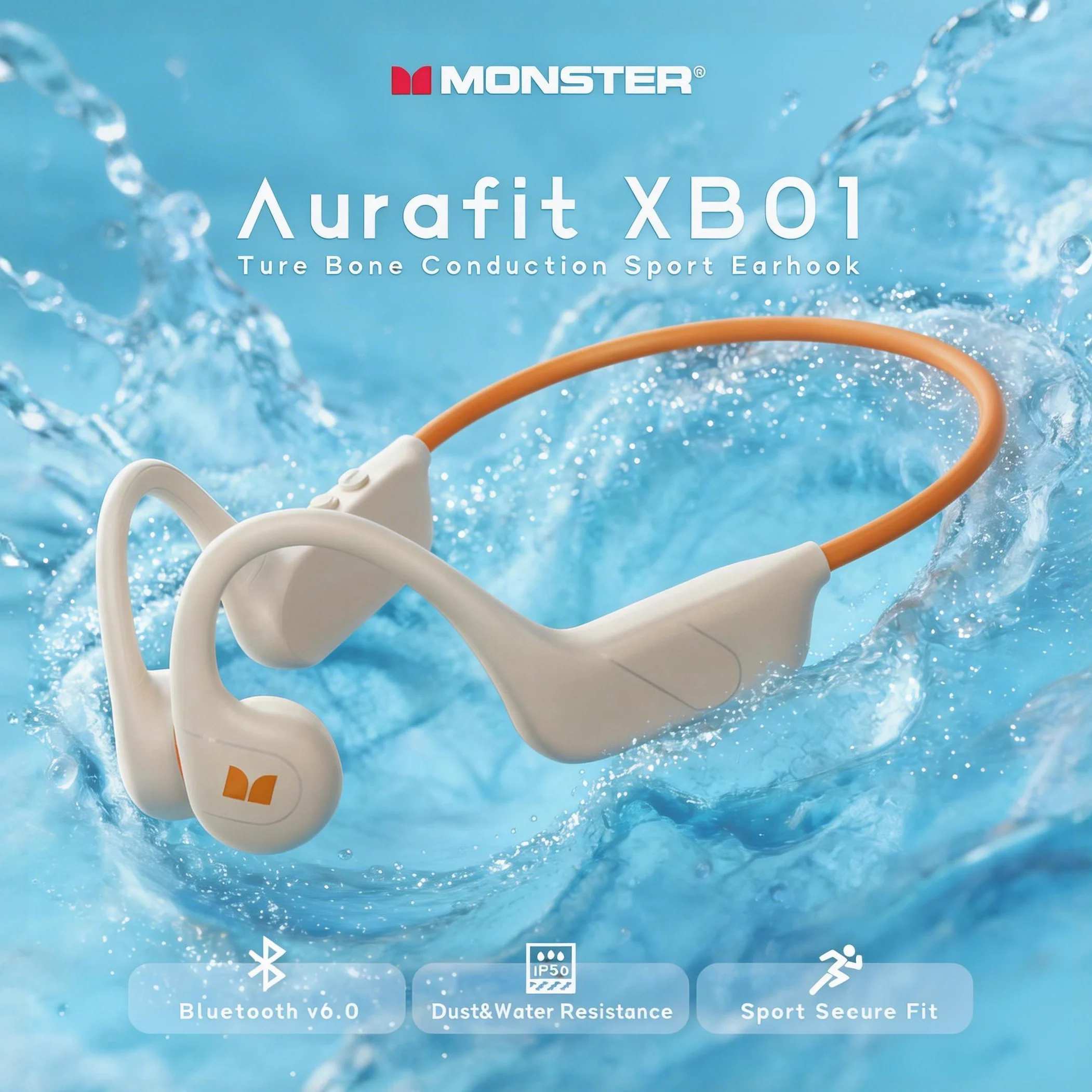 Monster AuraFit XB01 Bone Conduction Headphone Open Ear Bluetooth 6.0 Sports Headset IP56 Waterproof Wireless Ear Hook Earphones