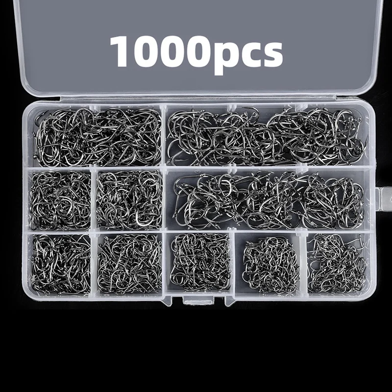 1000 PCS Fishing Hooks Set High Carbon Steel Barbed FishHooks for Saltwater Freshwater Fishing Gear-A73M view 5