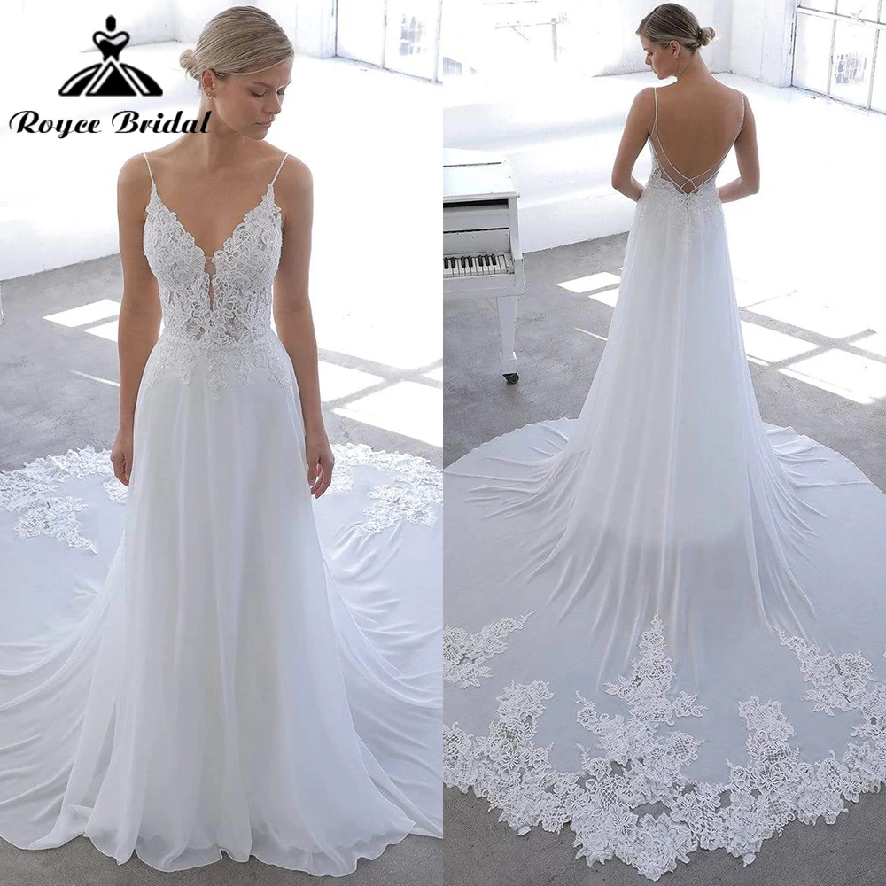 Boho V Neck Spaghetti Straps Lace Appliques Chiffon A Line Wedding Dress For Women Sexy Bridal Gown Sweep Vestidos De Novia Robe