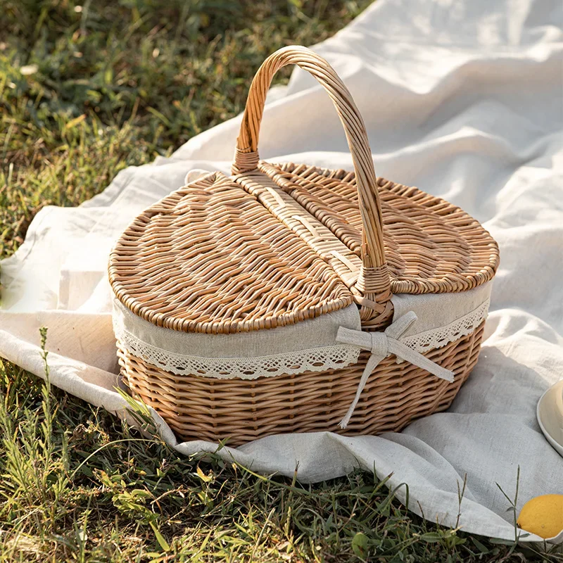 Picnic Fruit Storage Basket Easter Household Snack Container Wicker Basket with Lid Multi Function Wicker Holder for