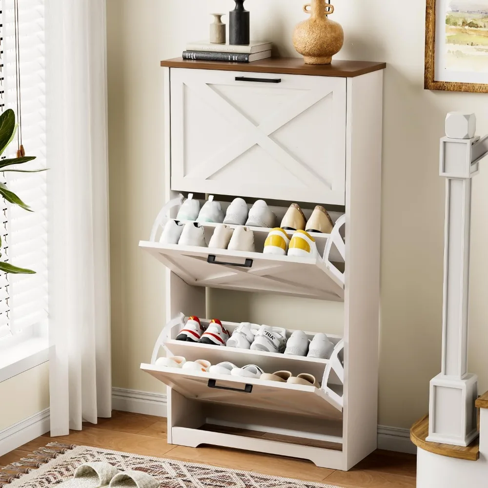 

Farmhouse shoe cabinet with 3 flip drawers, 3-layer independent, ultra-thin narrow shoe storage cabinet