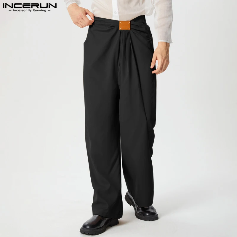 INCERUN Men Fashionable Pants Mid Waist Solid Color Ruffled Streetwear Wide Leg Long Trousers Zipper Up Office Chino Pants