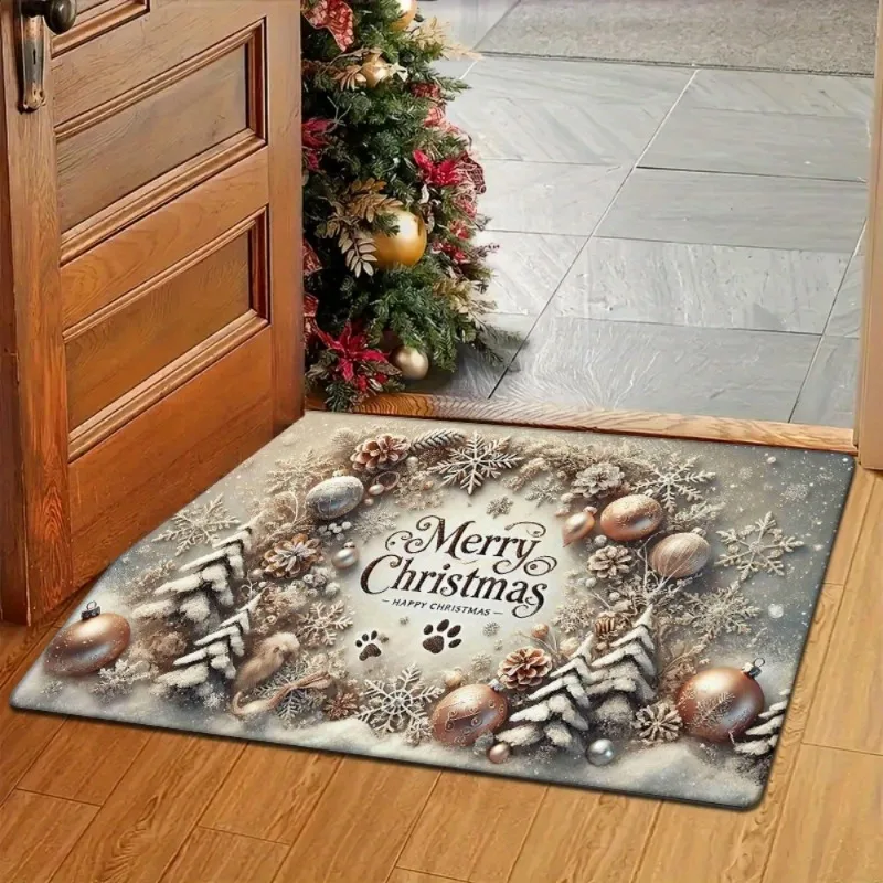 Christmas Flannel Door Mat Merry Christmas Snowy Pine Tree Bauble Pinecone Paw Print Non‑Slip Floor Rug Indoor Entry Home Decor