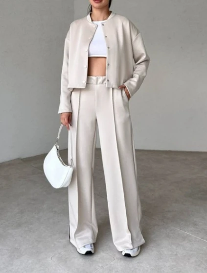 European and American Fashion Casual Suit, Solid-color Knitted Flight Jacket, High-waisted Patchwork Trousers, Two-piece Set