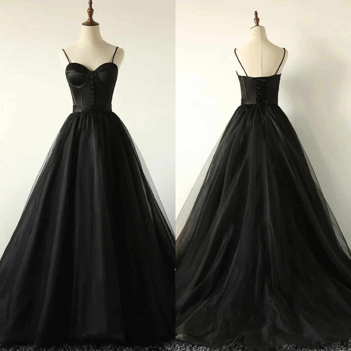 Evening Dress Black Satin Tulle Spaghetti Straps Lace Up A-Line Floor-Length Plus size Women Party Formal Gown Customization