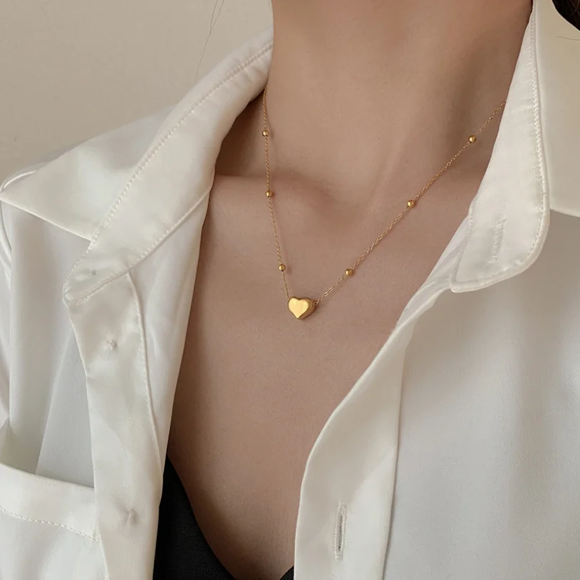 316L Stainless Steel New Fashion Upscale Jewelry Lovers Love Heart Shape Charms Beaded Chain Choker Necklace & Pendant For Women