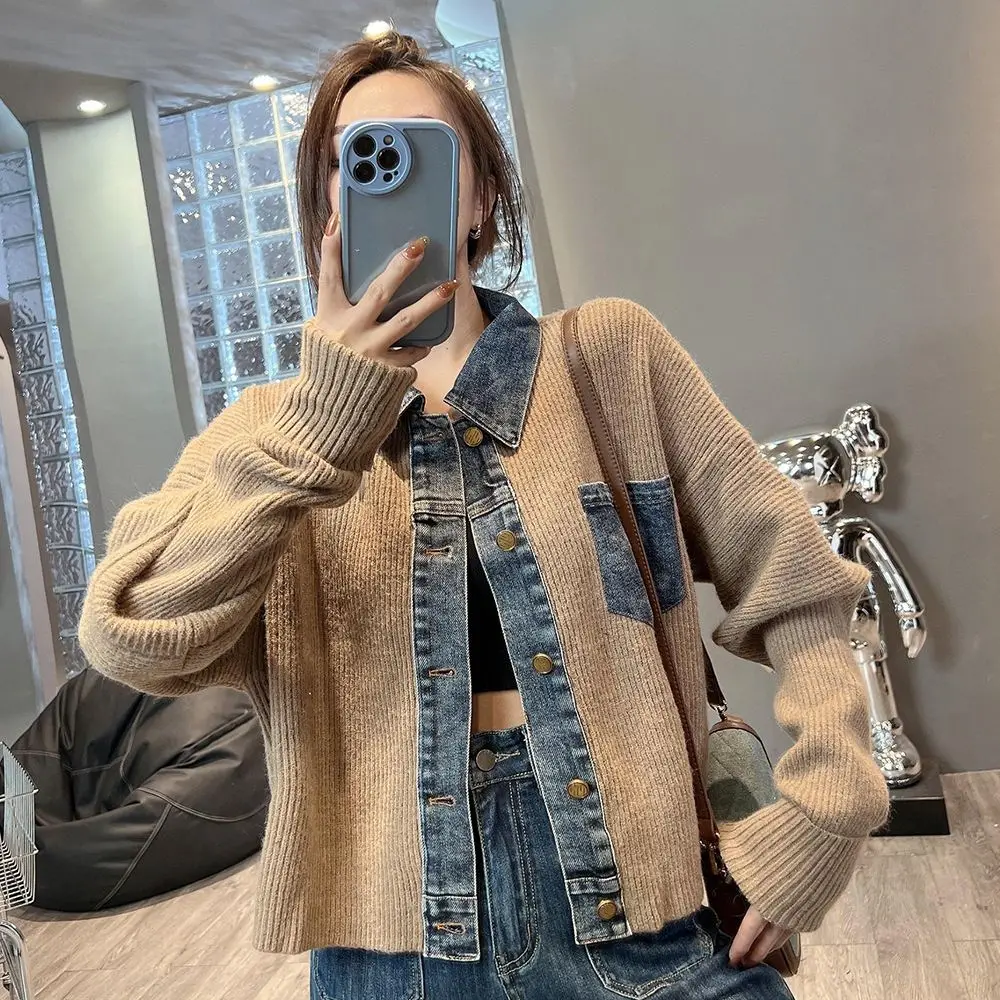 Vintage Denim Patchwork Loose Fashion Crop Knitted Cardigan Top For Women\'s Autumn New Vintage Denim Stitching Sweater