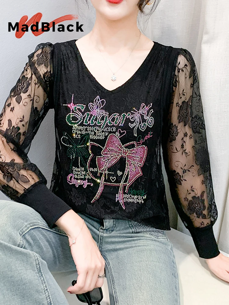 

MadBlack-женская европейская футболка, сексуальное кружево с V-образным вырезом и бриллиантами, уличная тонкая трикотажная футболка с длинными рукавами M-3XL, осень 2023, T59172CC