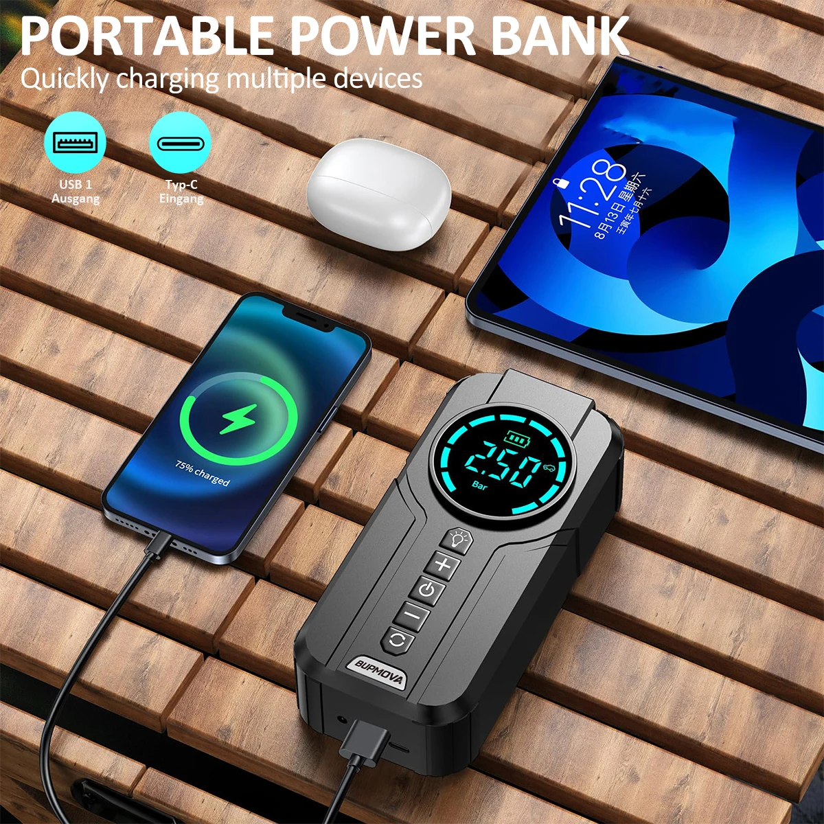 BSMOOM Auto Jump Starter Luchtcompressor Met Power Bank 150PSI Luchtpomp Auto Batterij Noodversterkers met LED Licht