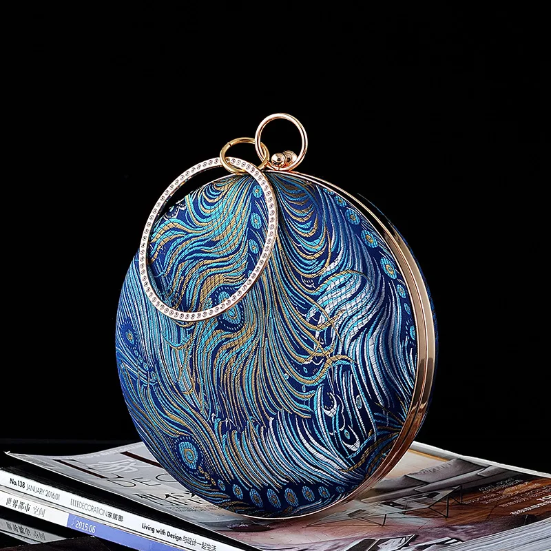 Retro Blue Green Peacock Feather Embroidery Round Clutches Evening Bags Fashion Small Handbag For Women Chain Shoulder Bag Purse