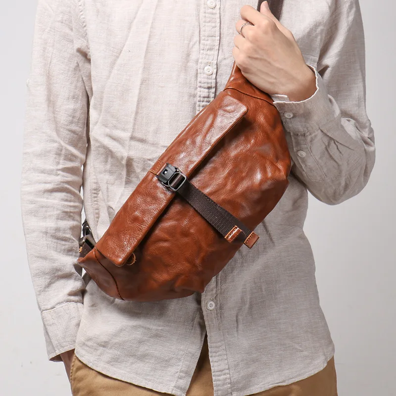 

Retro Men's Leather Chest Bag Hand Grab Pattern Cowhide Oblique Straddle Small Backpack Large Capacity Shoulder Bag