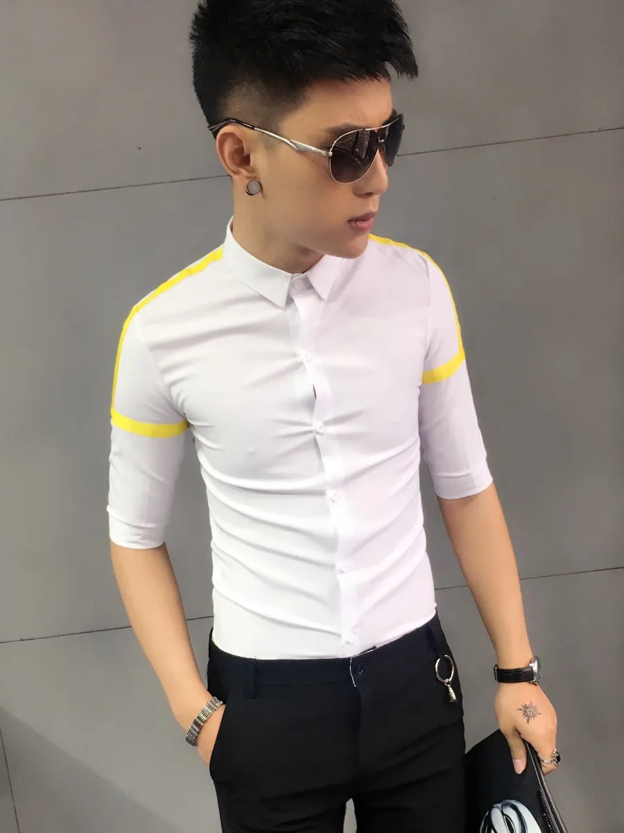 

Men's Slim Fit Ice Silk irt ort Sve Five-Quarter Length Summer Casual Patchwork Color irt Korean Sle Haome